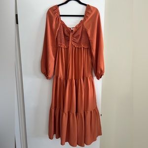 Pink Blush Orange Smocked Tiered Maternity Midi Dress. Size small